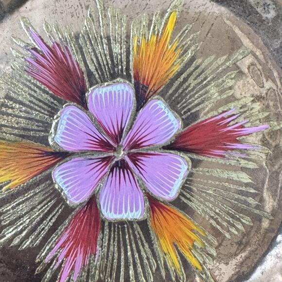 VTG Brass Hand Painted Metal 4" Tray Plate Trinket Dish Artisan Floral Pansy - Picture 10 of 12